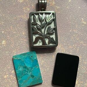 Silver Leaf Pendant with Turquoise and Black Stones